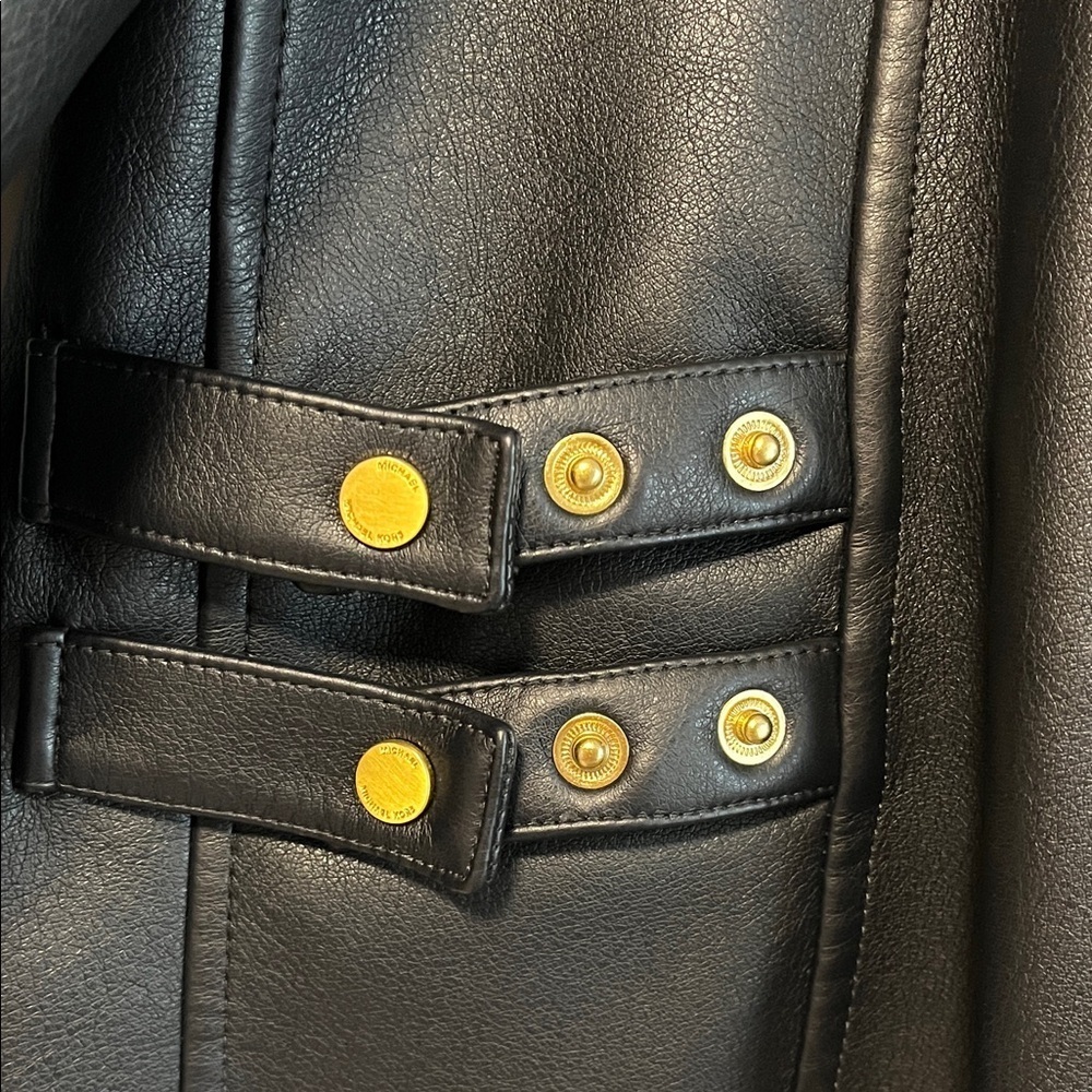 NWOT MICHAEL KORS Navy Faux Leather Moto Jacket Gold Button, Size M - Picture 8 of 11